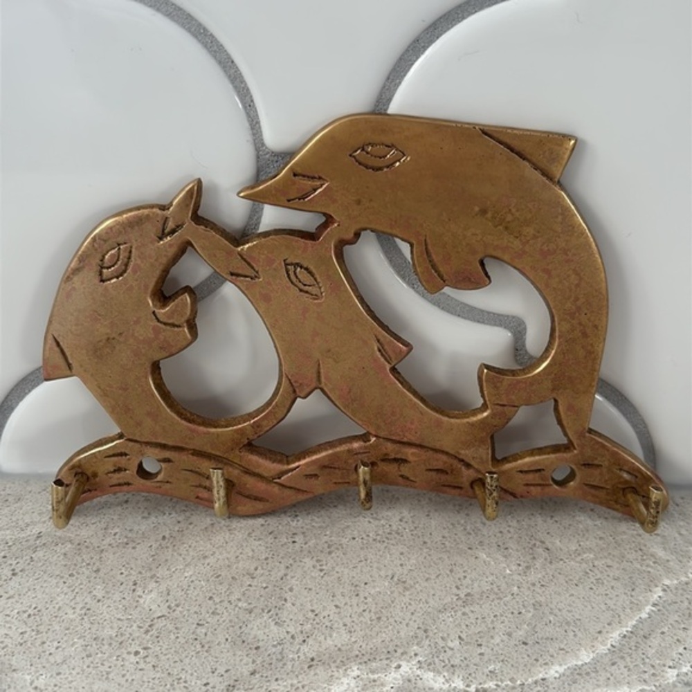 Vintage brass dolphin wall hanger key hook coastal nautical decor five hooks